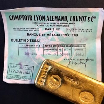 Lingot d'or et bulletin d'essai du Comptoir Lyon-Alemand, Louyot & Cie datant de 1968.